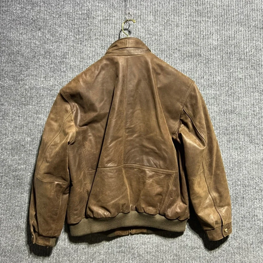 Jos A Bank Leather Bomber Jacket Mens L Brown Flight Map Lining Full Zip Casual